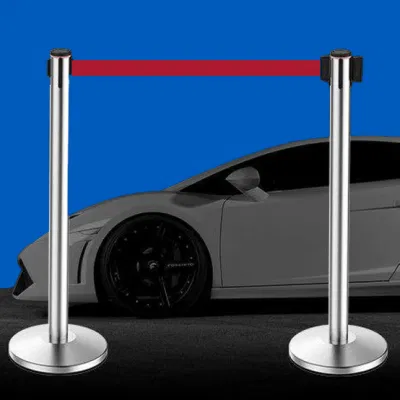 Queue Stanchion Pole Stainless Steel Mirror Silver with 2m Retractable Nylon Belt